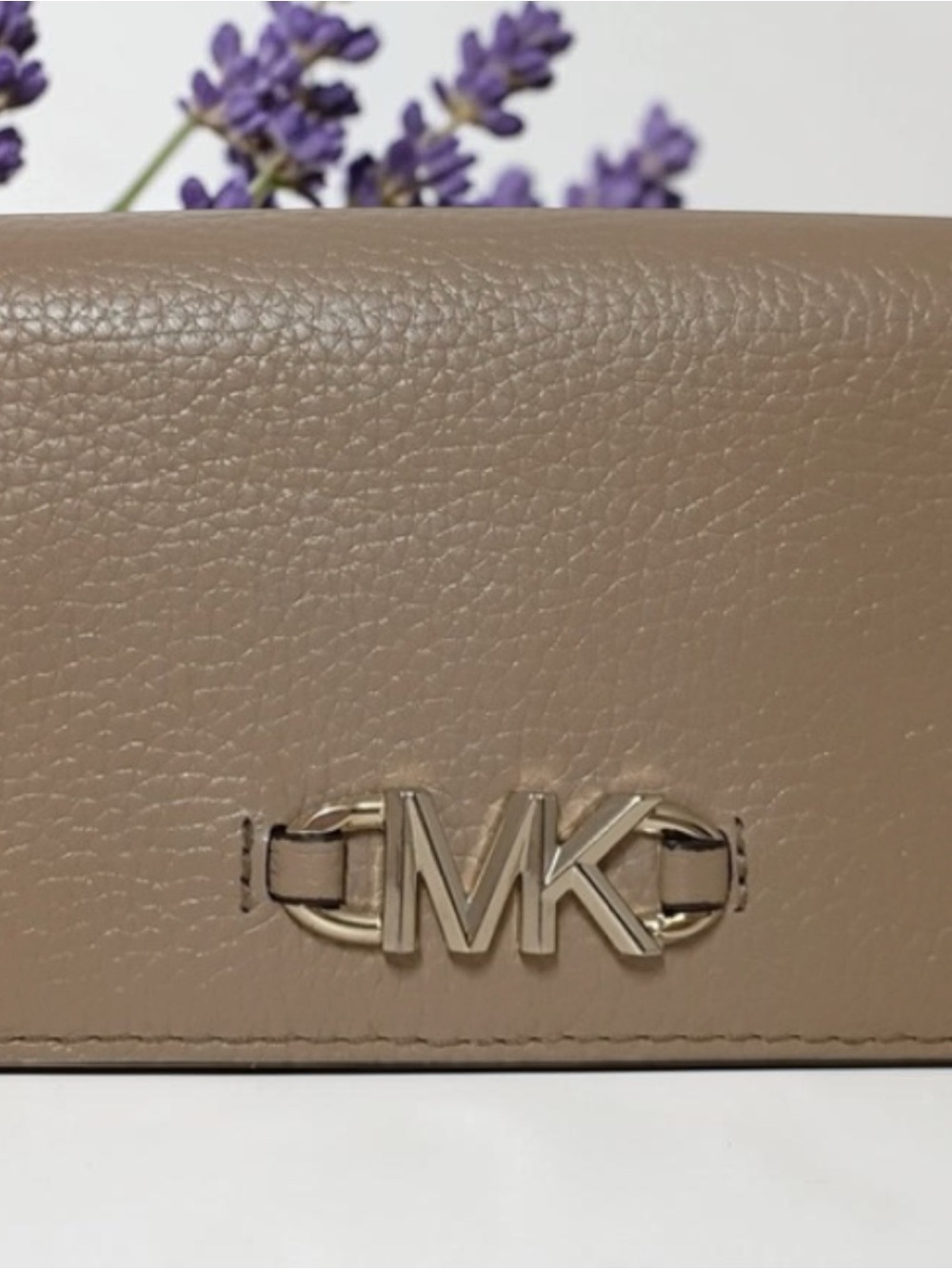 Michael Kors Taupe Pebbled Leather Wallet with Gold MK Emblem